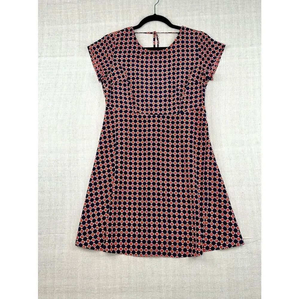Old Navy Fit & Flare Dress Geometric Navy Red Short Sleeve Small Petite Women’s